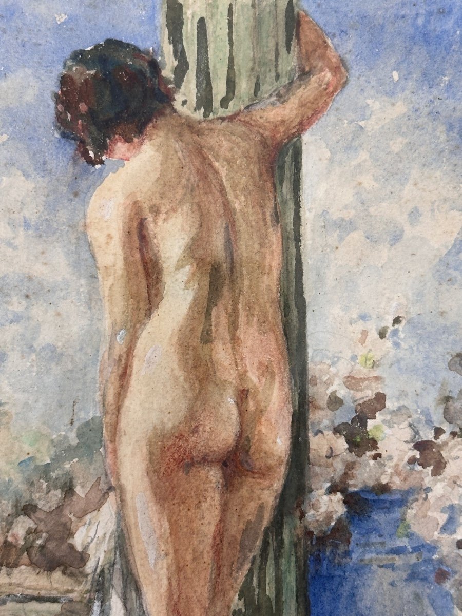 Beau Tableau Ancien Portrait Jeune Femme Nue Colonne Temple Grec Jardin Torthe