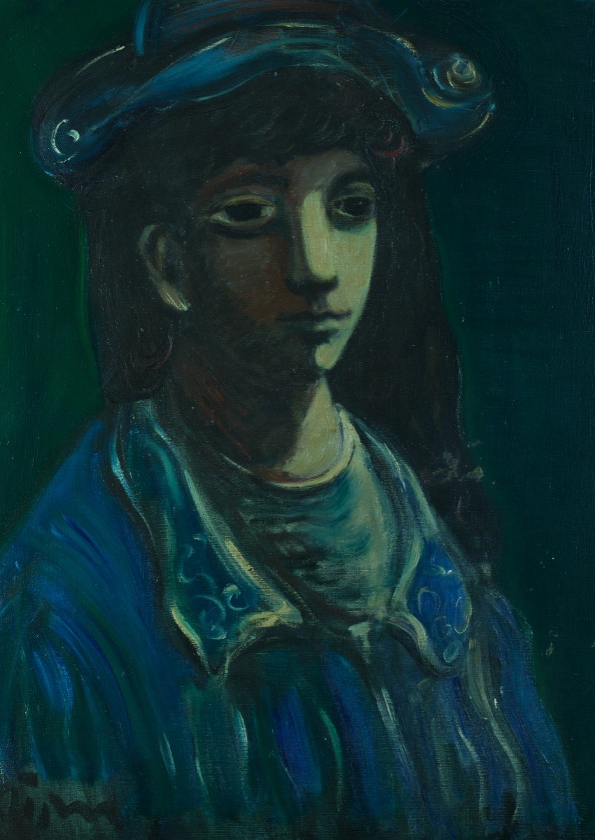 Sylvain Vigny  Grand Tableau moderne  Portait De Jeune Fille  En Bleu Expressionnisme  Nice XX-photo-2