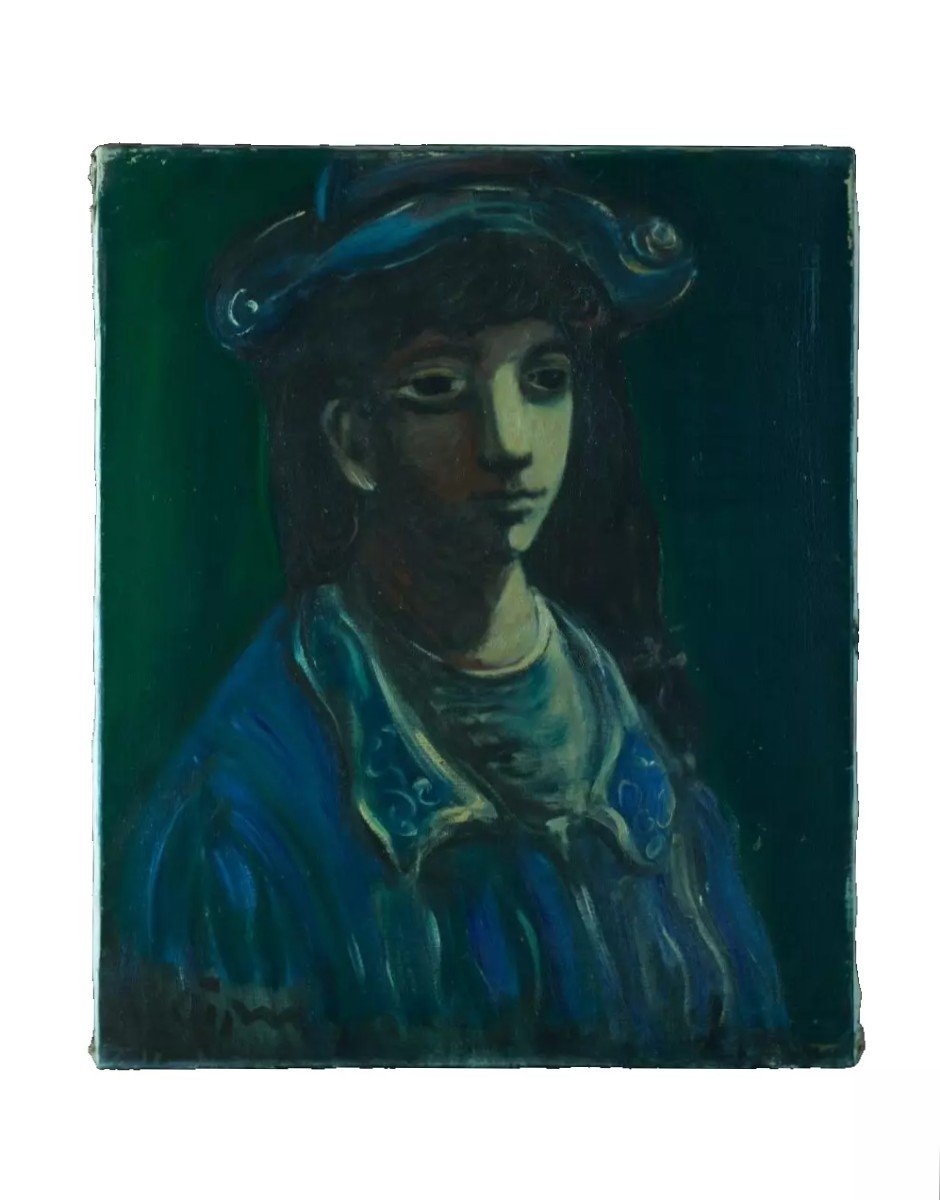 Sylvain Vigny  Grand Tableau moderne  Portait De Jeune Fille  En Bleu Expressionnisme  Nice XX-photo-4