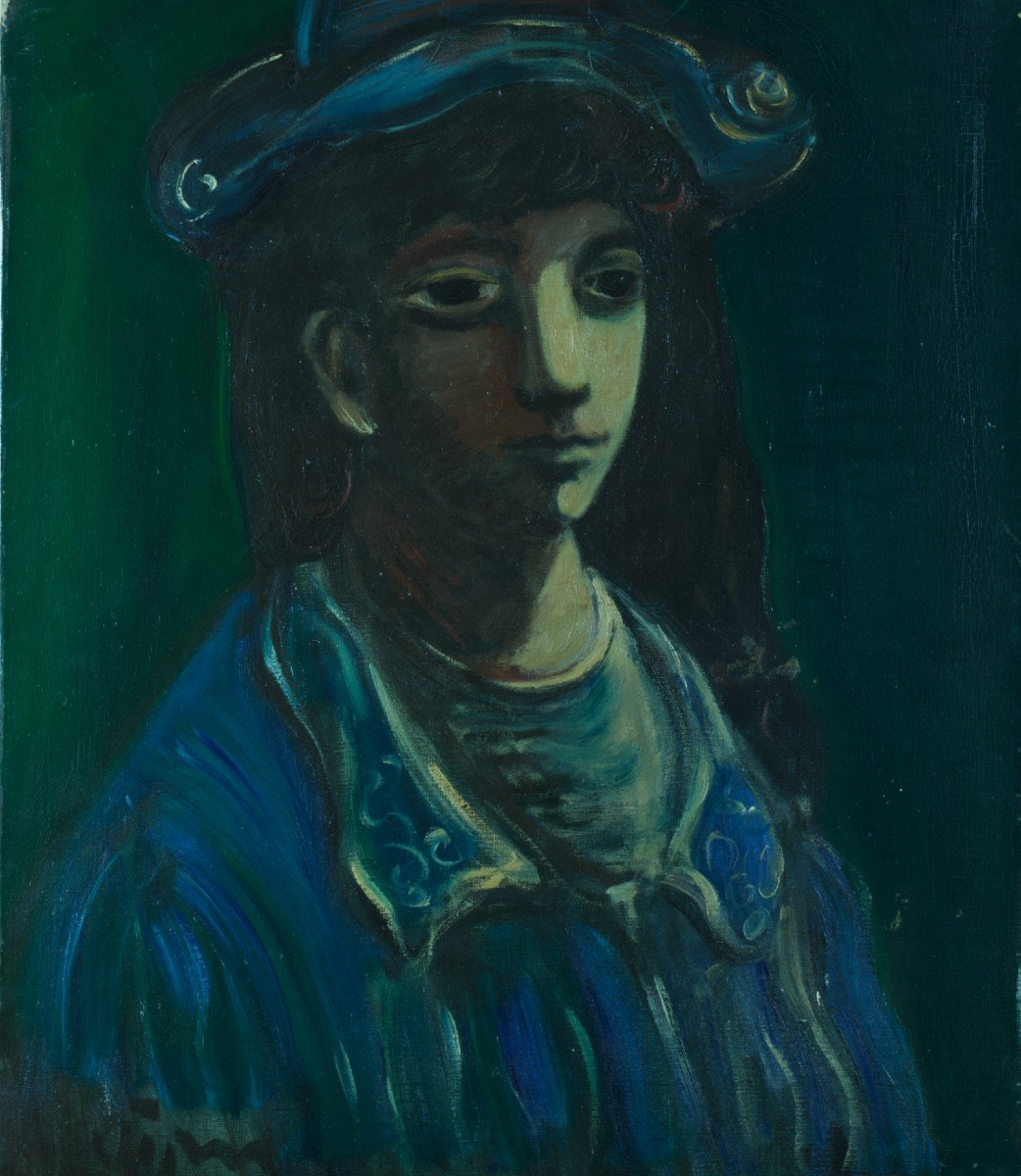 Sylvain Vigny  Grand Tableau moderne  Portait De Jeune Fille  En Bleu Expressionnisme  Nice XX