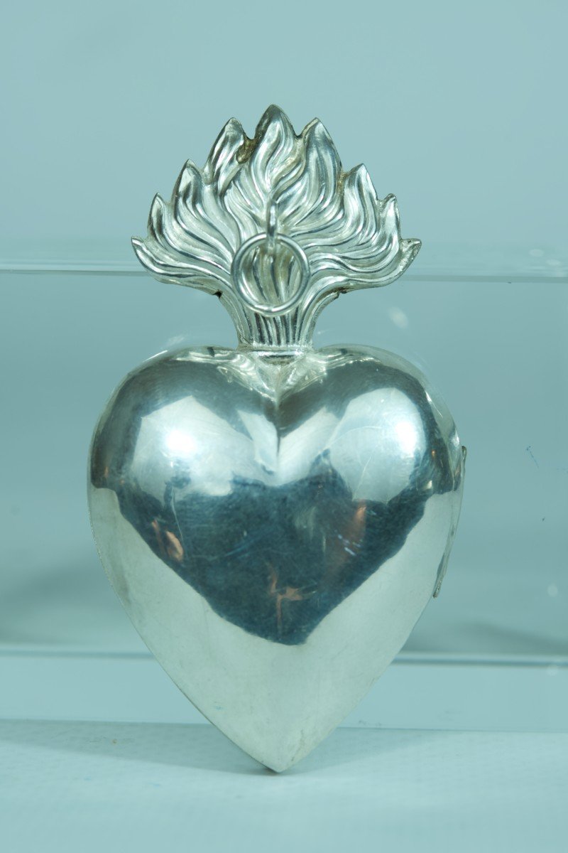 Sacred Heart In Silver 19th Century Devotional Reliquary Relic Box-photo-4