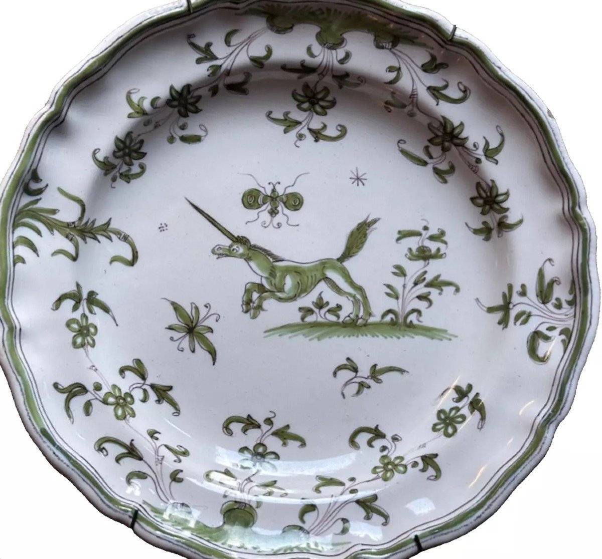 Old Moustiers Earthenware Plate 18th Century Manganese Green Butterfly Unicorn-photo-2