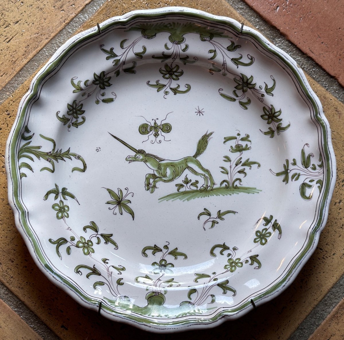 Old Moustiers Earthenware Plate 18th Century Manganese Green Butterfly Unicorn-photo-2