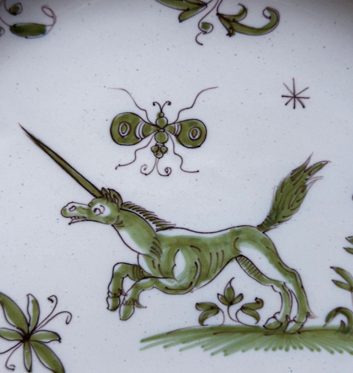 Old Moustiers Earthenware Plate 18th Century Manganese Green Butterfly Unicorn