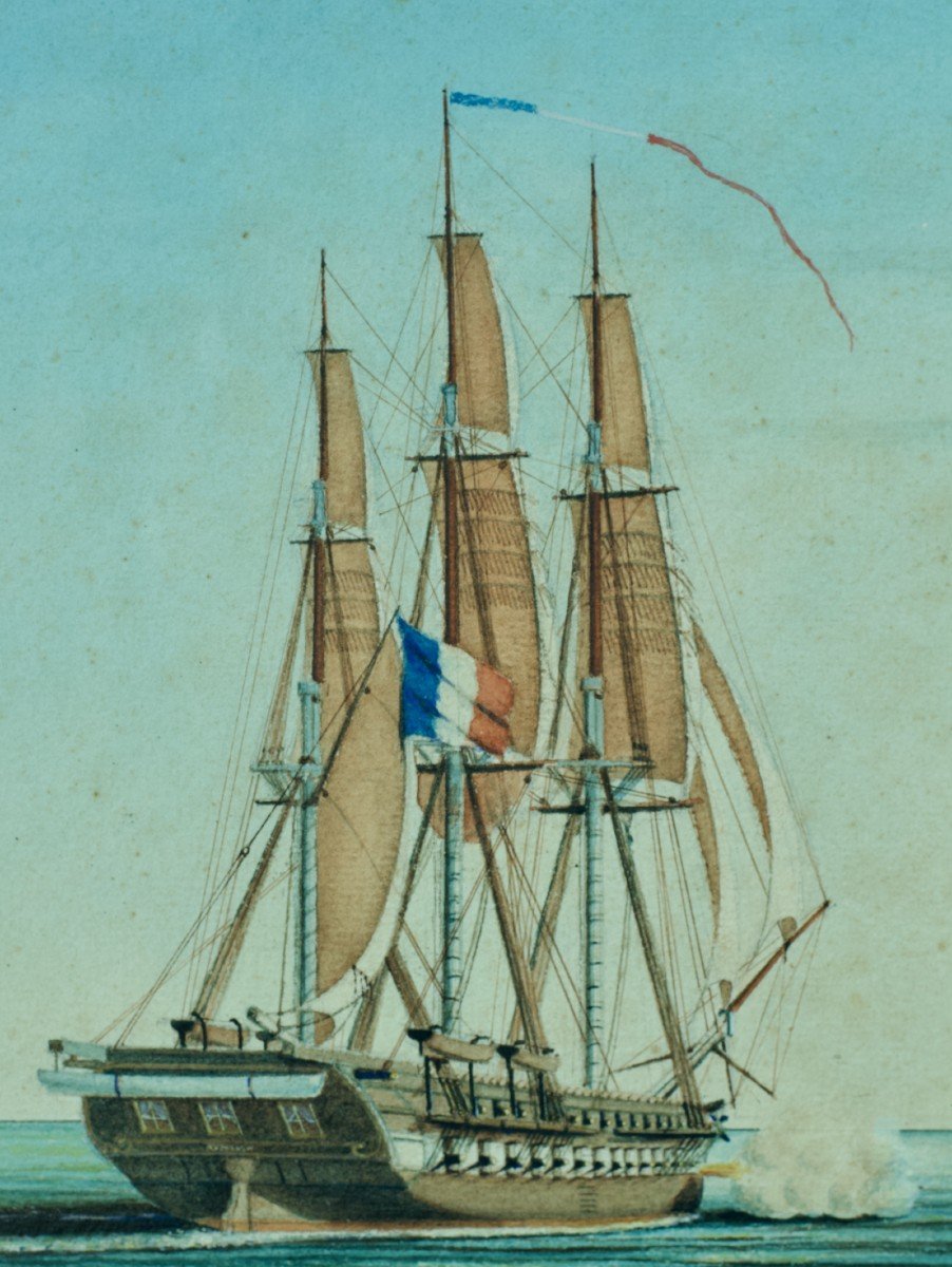 Dessin Ancien Marine bataille navale Frégate Française Napoléon Mer Méditerranée 19