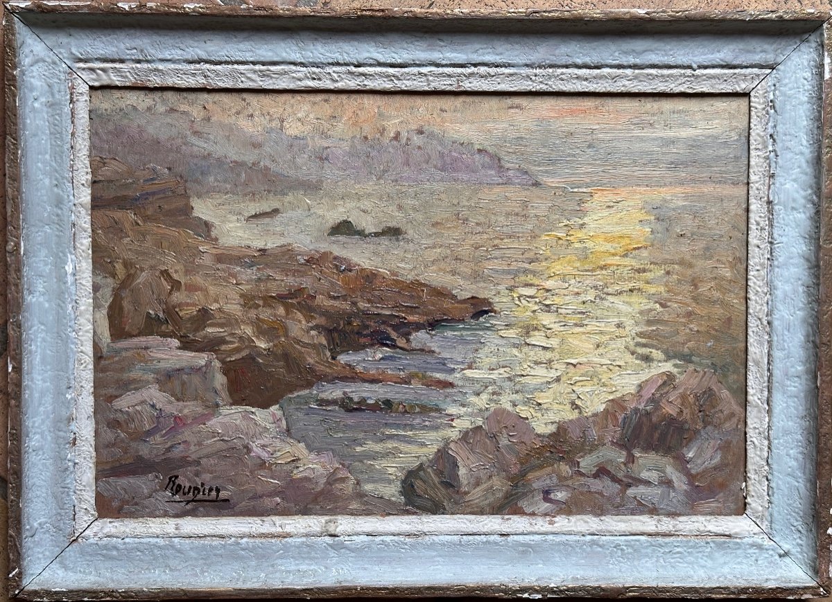 Tableau Ancien  Marine Impressionniste Bord De Mer Soleil Levant Signé Roudier-photo-2