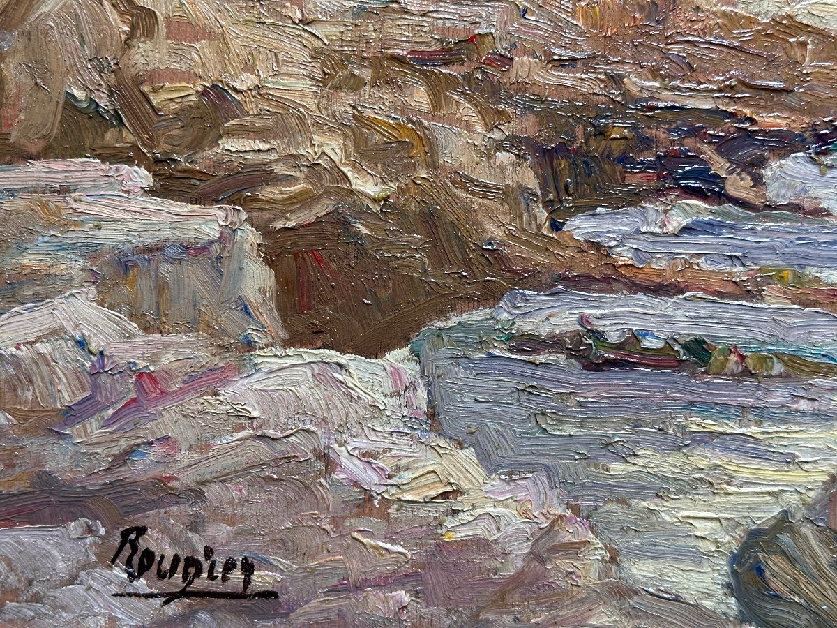 Tableau Ancien  Marine Impressionniste Bord De Mer Soleil Levant Signé Roudier-photo-2