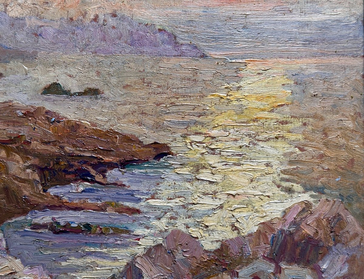 Tableau Ancien  Marine Impressionniste Bord De Mer Soleil Levant Signé Roudier