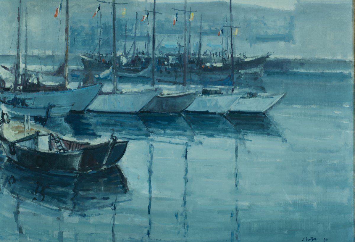 Modern Painting Large Marine Boats In Port Flag Anchorage Ocean Dubois-photo-2