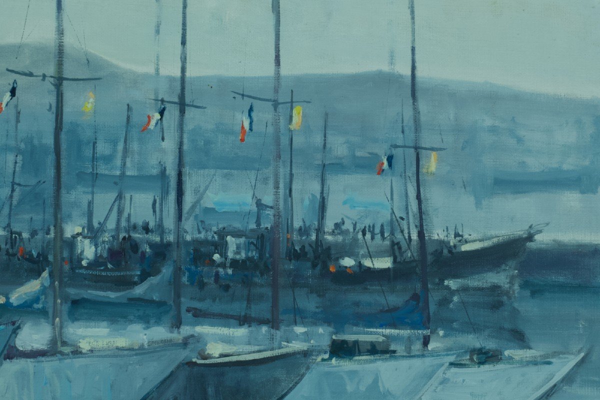 Modern Painting Large Marine Boats In Port Flag Anchorage Ocean Dubois-photo-1