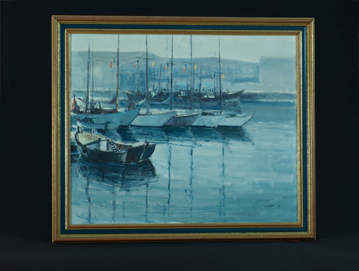 Modern Painting Large Marine Boats In Port Flag Anchorage Ocean Dubois-photo-5