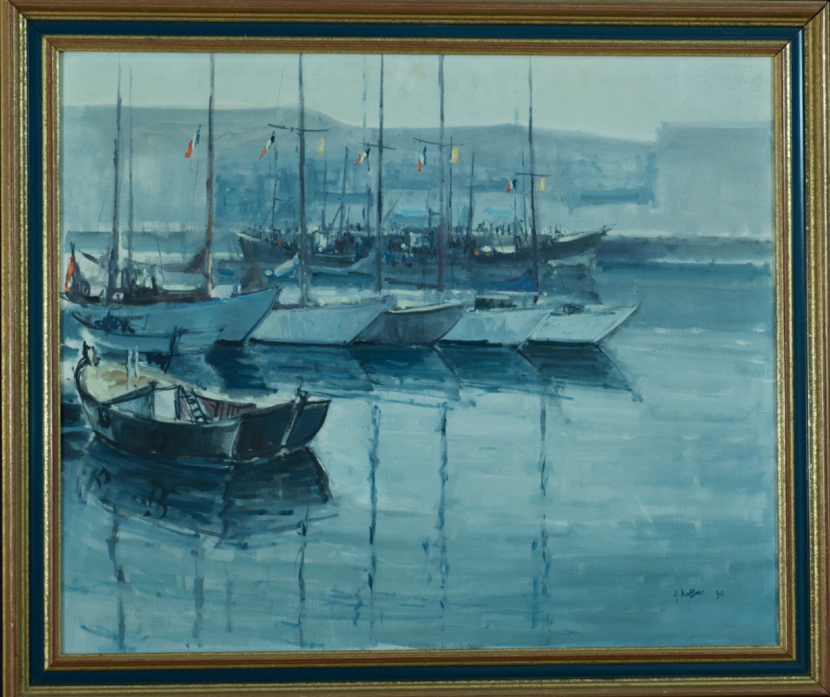 Modern Painting Large Marine Boats In Port Flag Anchorage Ocean Dubois