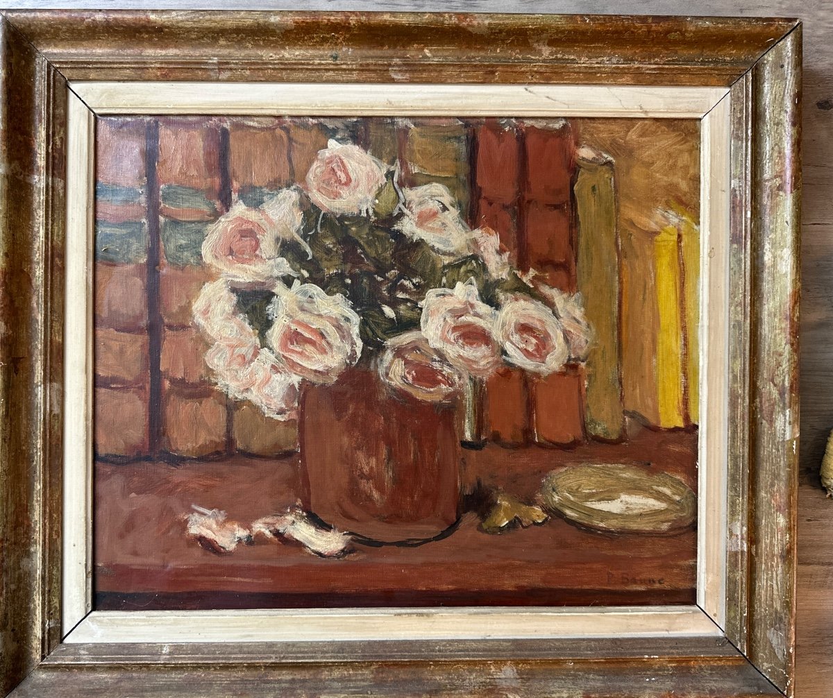 Pierre Brune Tableau Ancien  Bouquet De Roses Sur Une Table Nature Morte Céret expressionniste -photo-2