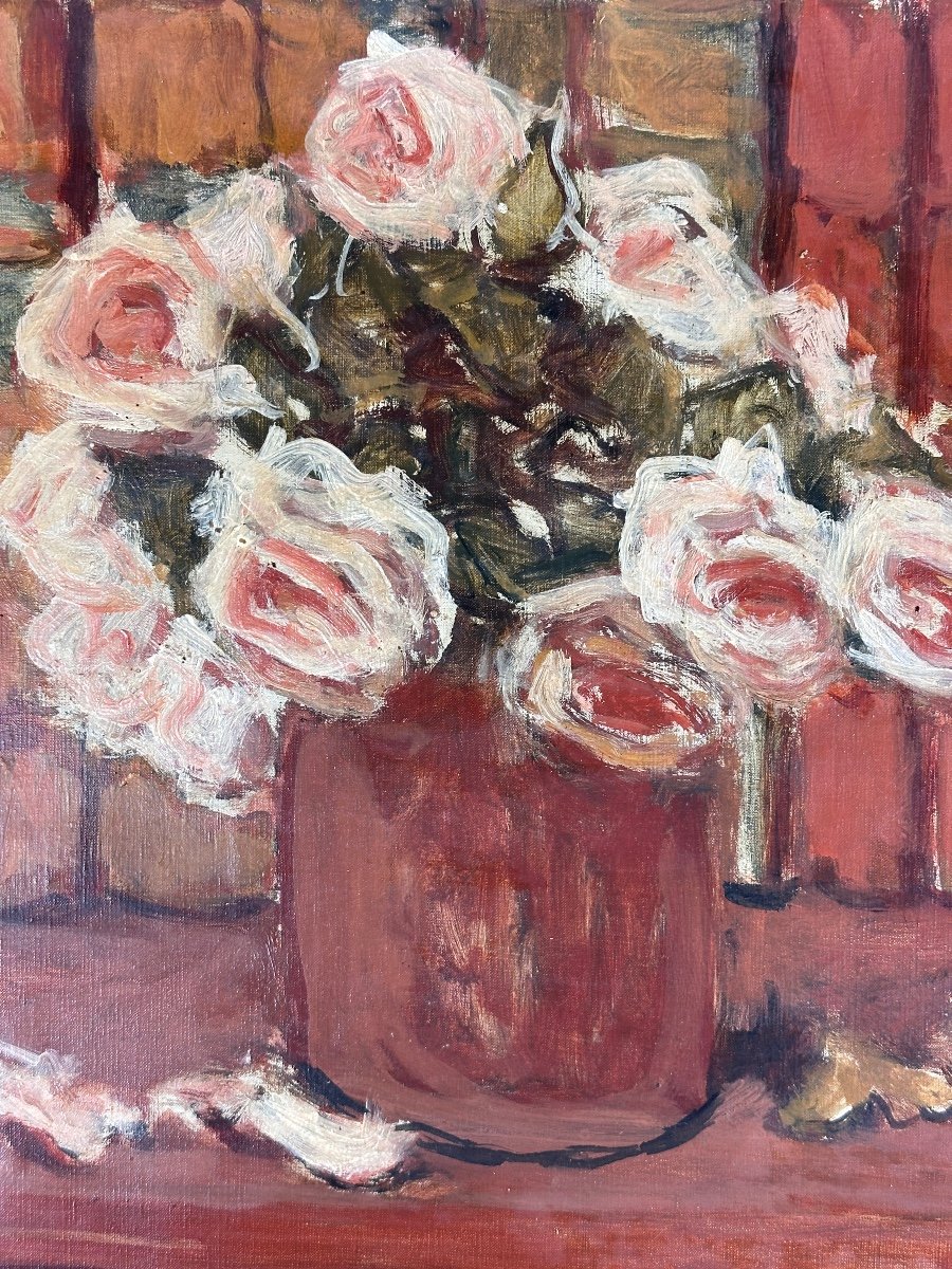 Pierre Brune Tableau Ancien  Bouquet De Roses Sur Une Table Nature Morte Céret expressionniste -photo-4