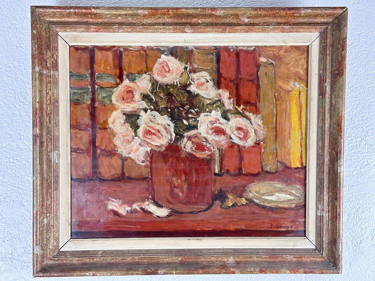 Pierre Brune Tableau Ancien  Bouquet De Roses Sur Une Table Nature Morte Céret expressionniste -photo-4