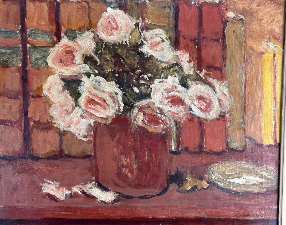 Pierre Brune Tableau Ancien  Bouquet De Roses Sur Une Table Nature Morte Céret expressionniste 