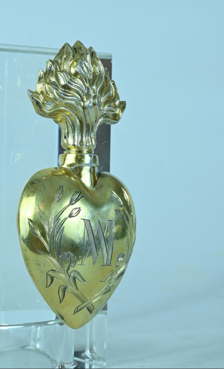 Old Heart Of Mary Ex Voto Bottle 19th Century Silver Vermeil Holy Water Reliquary -photo-2