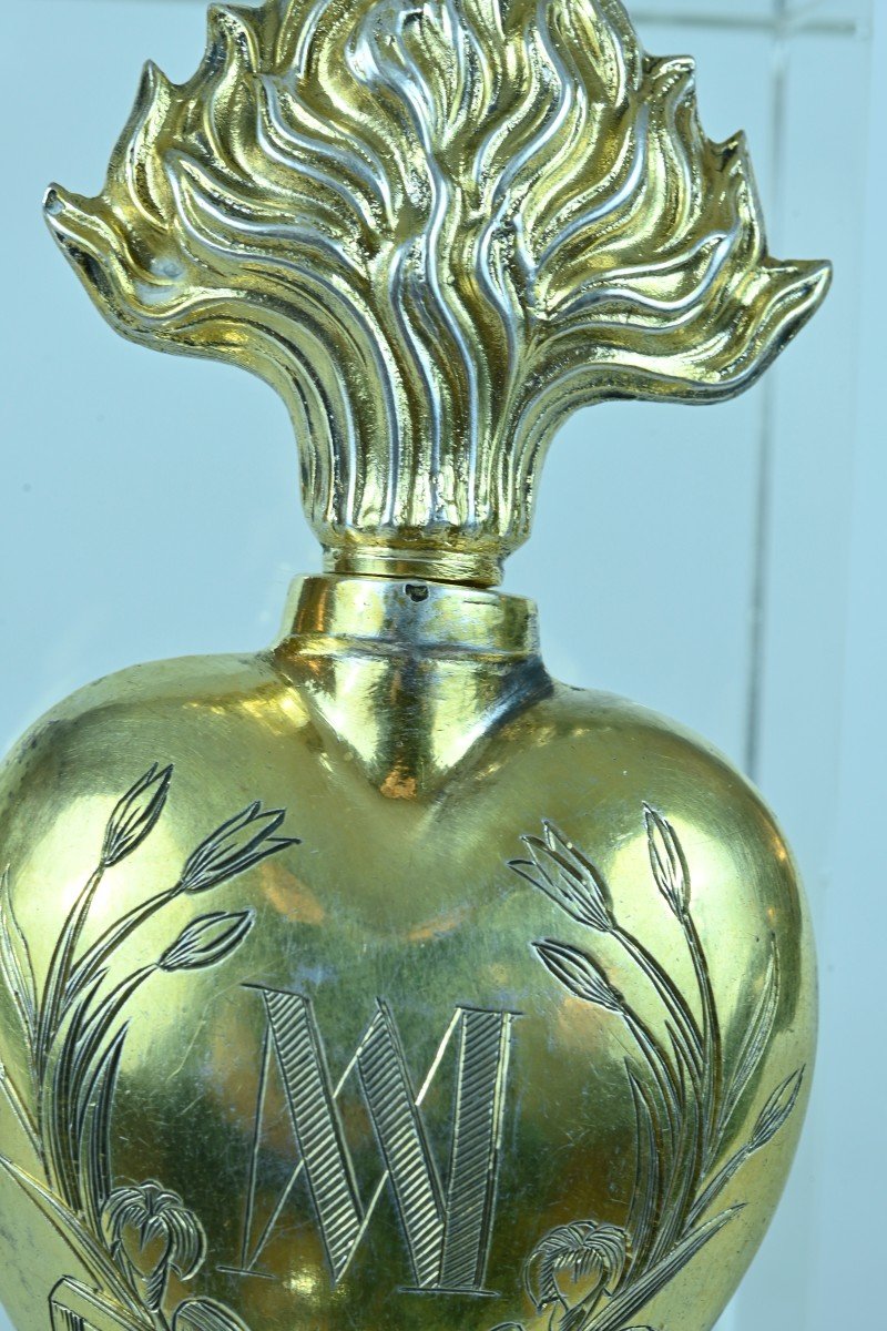 Old Heart Of Mary Ex Voto Bottle 19th Century Silver Vermeil Holy Water Reliquary -photo-3