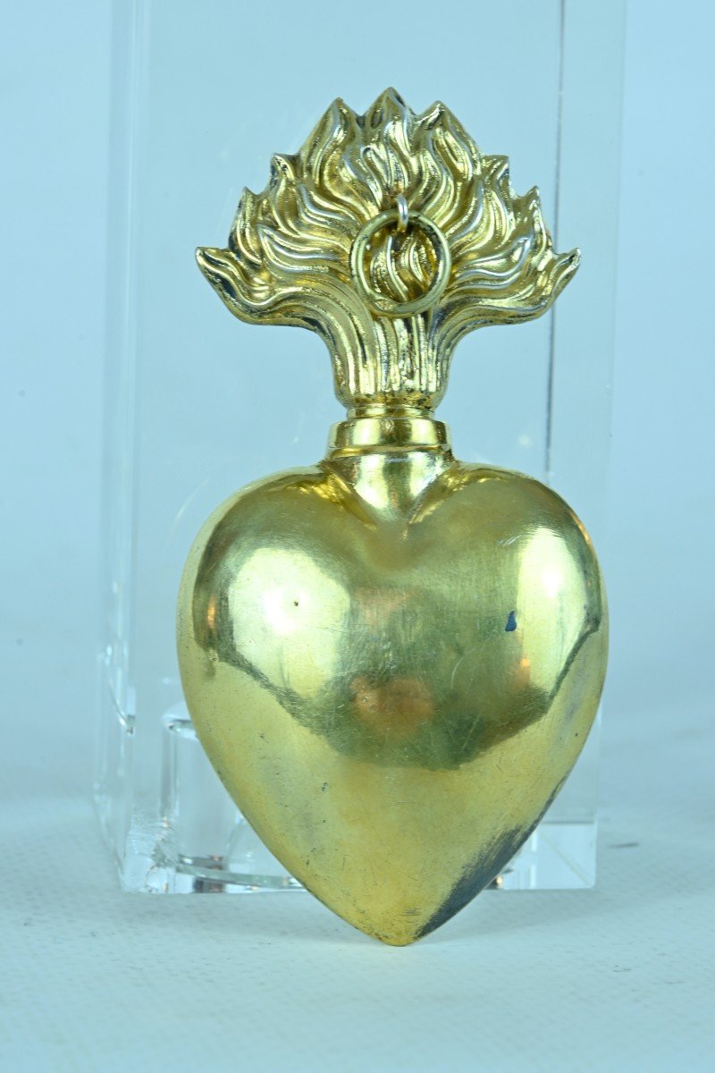 Old Heart Of Mary Ex Voto Bottle 19th Century Silver Vermeil Holy Water Reliquary -photo-4