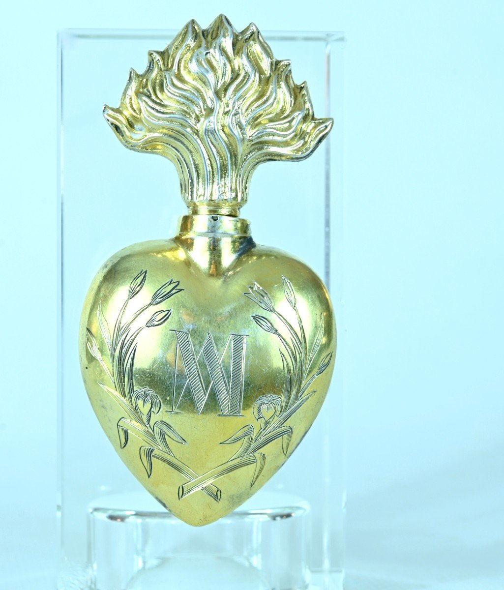 Old Heart Of Mary Ex Voto Bottle 19th Century Silver Vermeil Holy Water Reliquary 