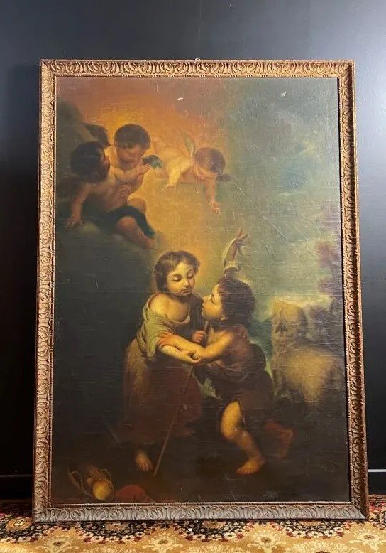 Grand Tableau Ancien Murillo Enfant Jésus Saint Jean Baptiste Ange Hst Décor Baroque Religieux -photo-2