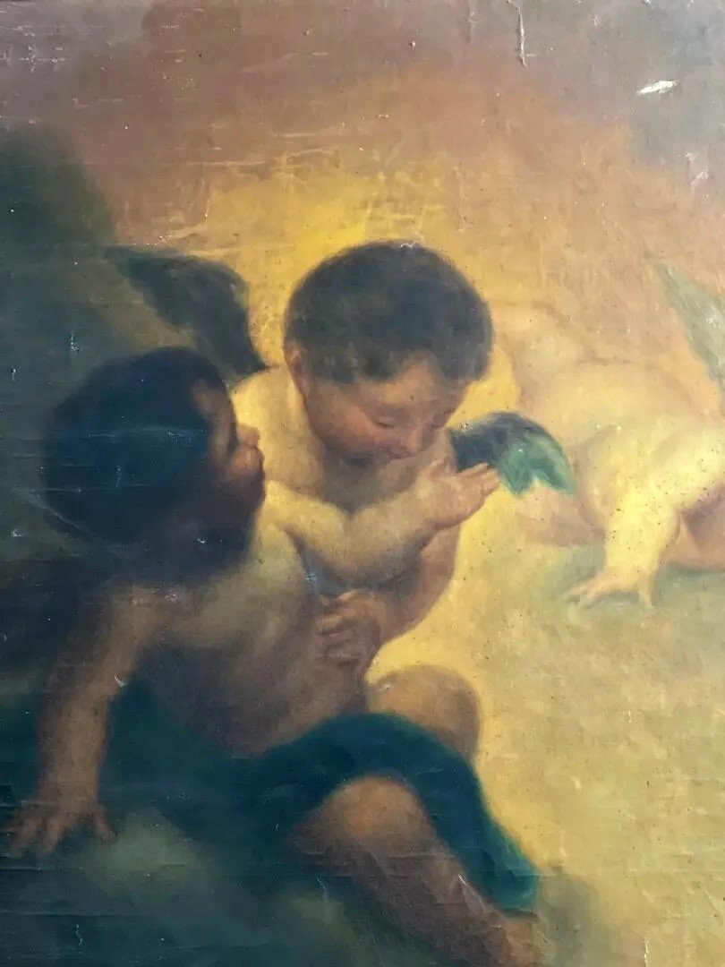 Large Old Painting Murillo Child Jesus Saint John The Baptist Angel Hst Baroque Religious Decor-photo-1