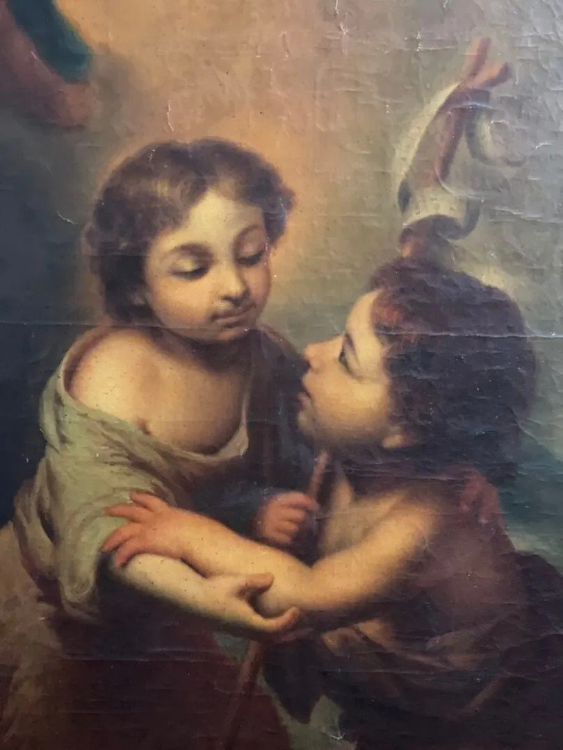 Large Old Painting Murillo Child Jesus Saint John The Baptist Angel Hst Baroque Religious Decor-photo-4