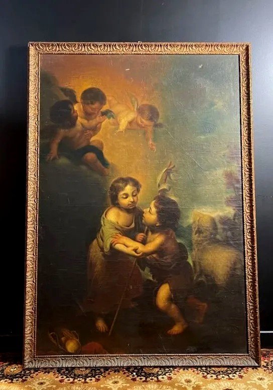 Grand Tableau Ancien Murillo Enfant Jésus Saint Jean Baptiste Ange Hst Décor Baroque Religieux 