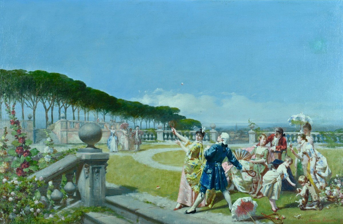 Alexandre Serres Grand Tableau Ancien Paysage Animé Jeu De Raquette Tennis-photo-2