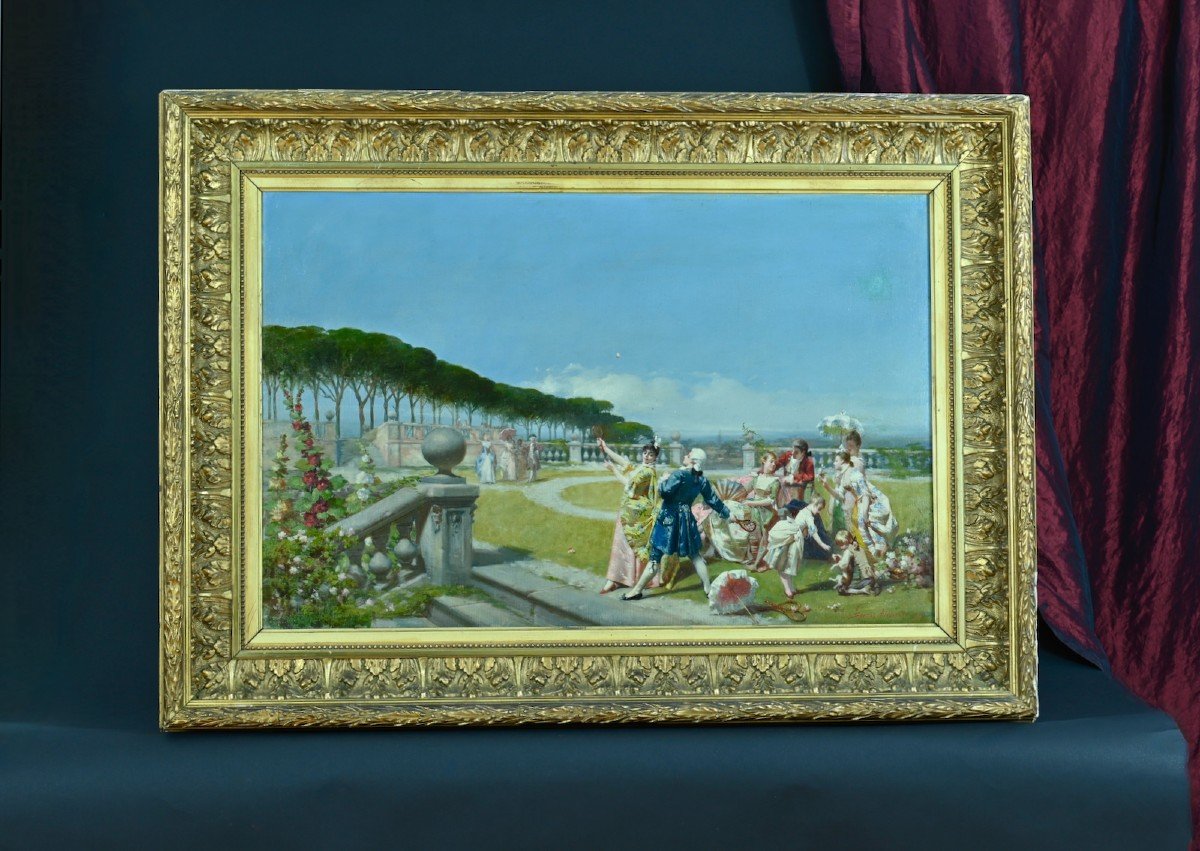 Alexandre Serres Grand Tableau Ancien Paysage Animé Jeu De Raquette Tennis-photo-8