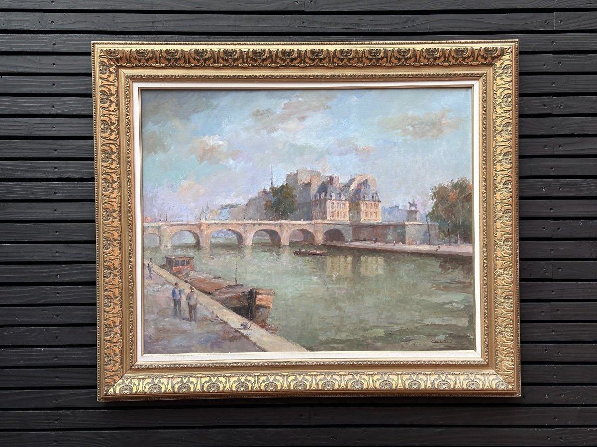 Fran Baro Grand Tableau Ancien  Paris La Seine à l'île De La Cité Paris 102cm Hst-photo-4