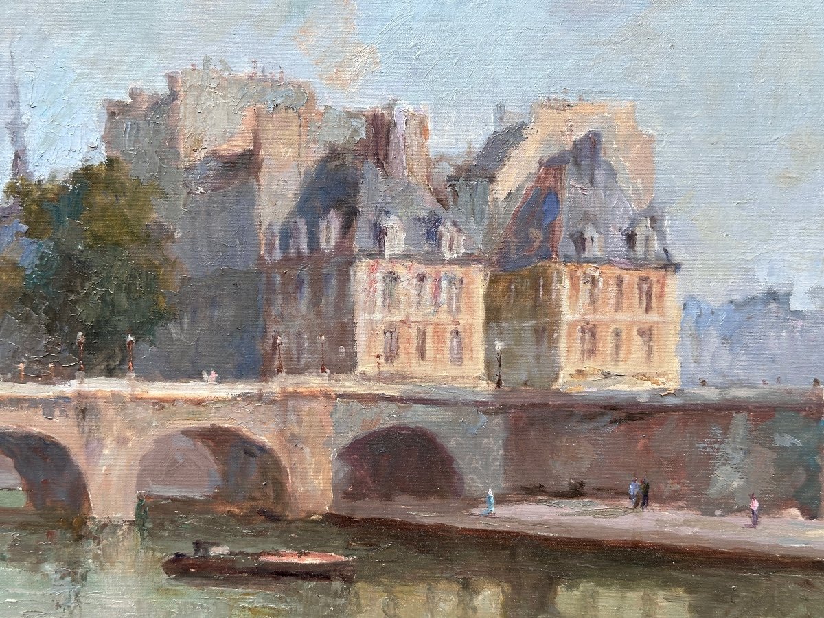 Fran Baro Grand Tableau Ancien  Paris La Seine à l'île De La Cité Paris 102cm Hst-photo-1