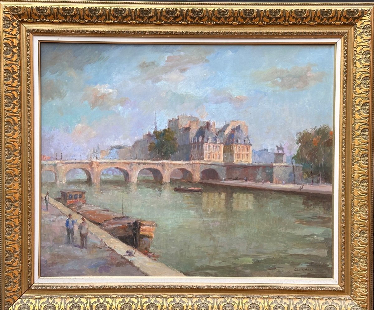 Fran Baro Grand Tableau Ancien  Paris La Seine à l'île De La Cité Paris 102cm Hst-photo-5