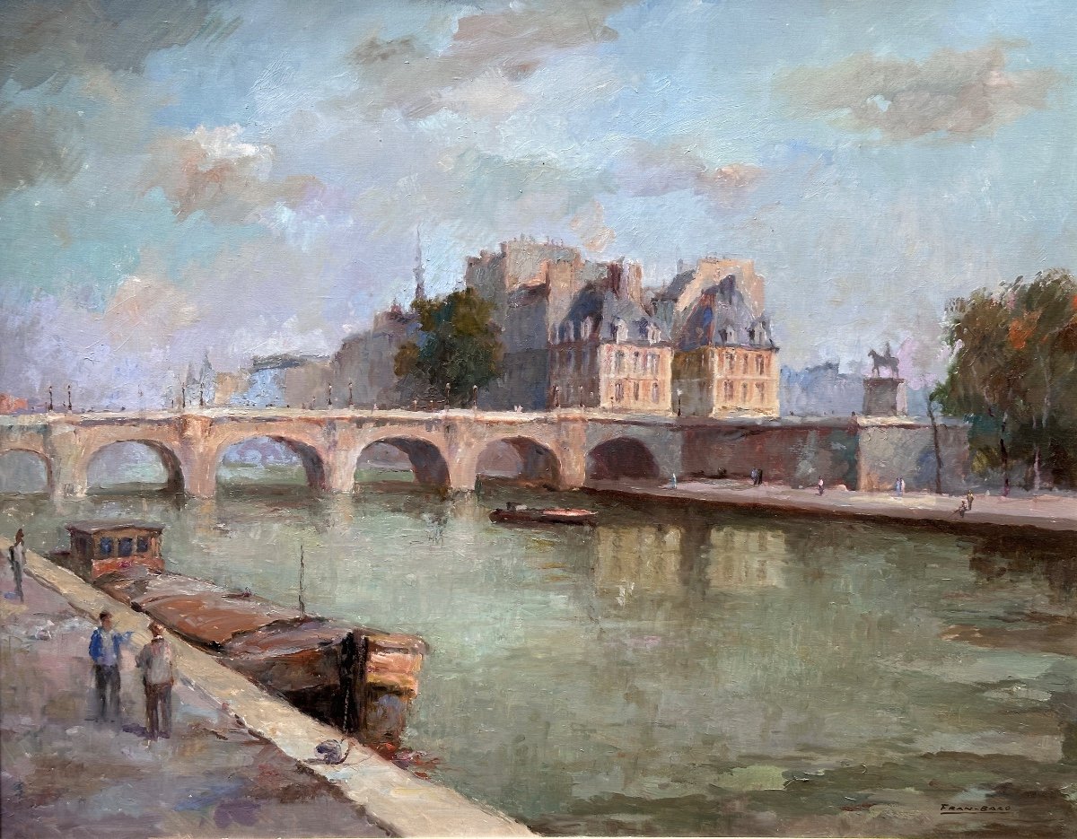 Fran Baro Grand Tableau Ancien  Paris La Seine à l'île De La Cité Paris 102cm Hst