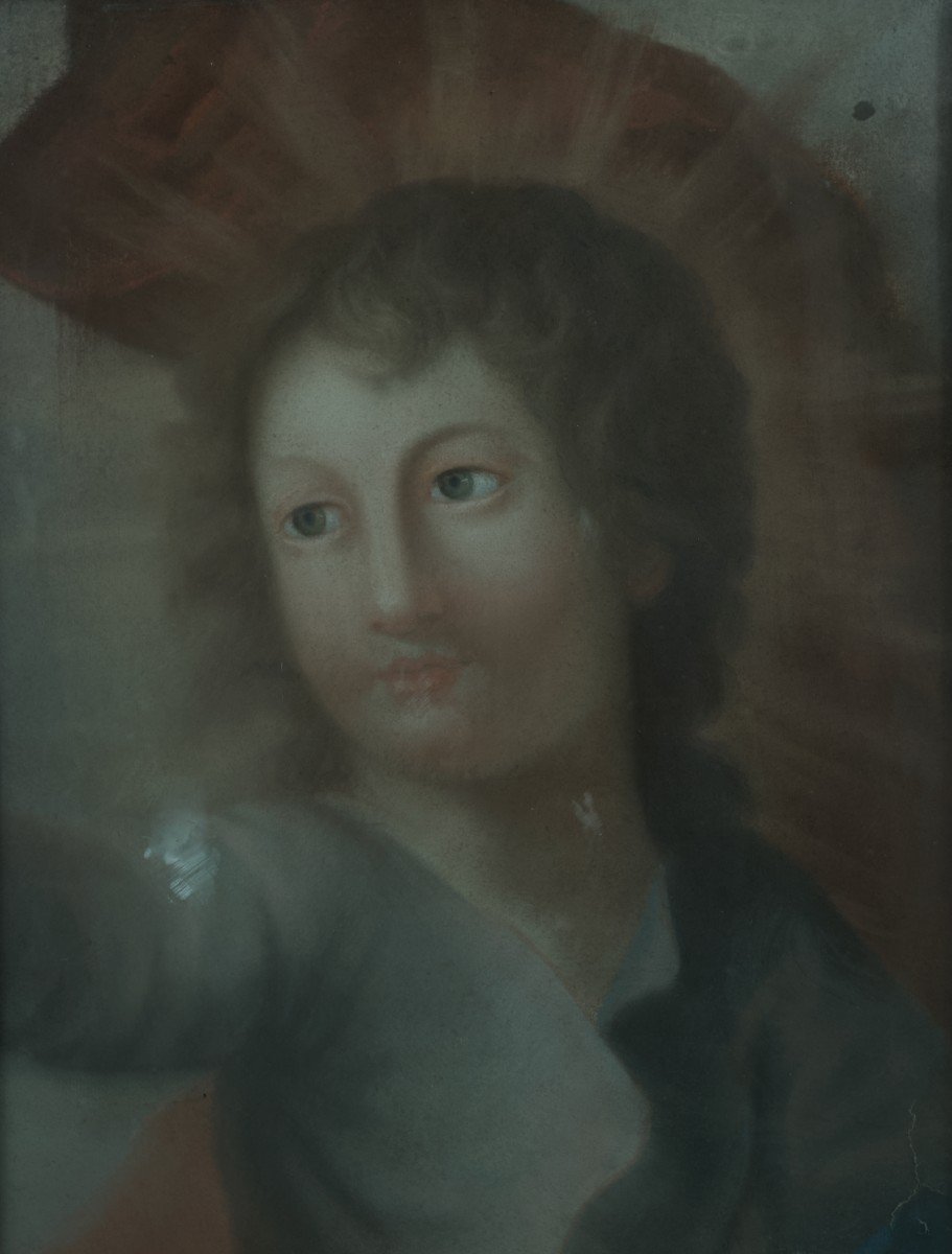 Ancien Portrait d'Enfant Christ Majesté Pastel Sous Verre Louis XVI Cadre Bois-photo-2