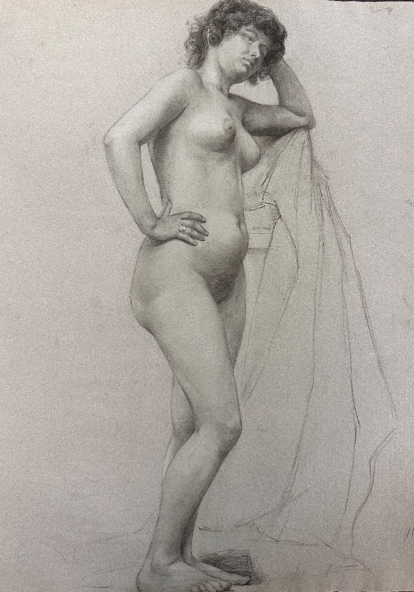 Old Drawing Academy Portrait Young Nude Woman Standing Elbows Workshop 19th-photo-2