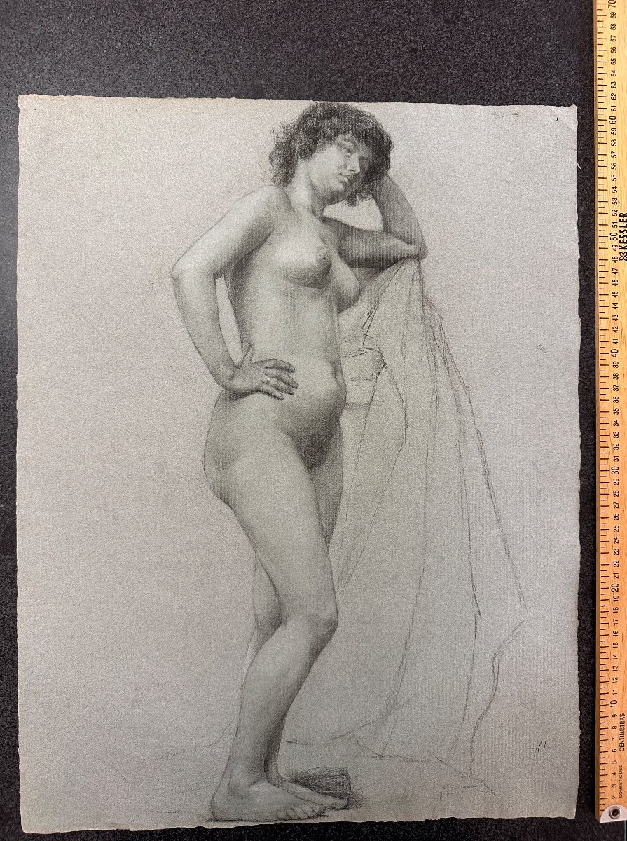 Old Drawing Academy Portrait Young Nude Woman Standing Elbows Workshop 19th-photo-3