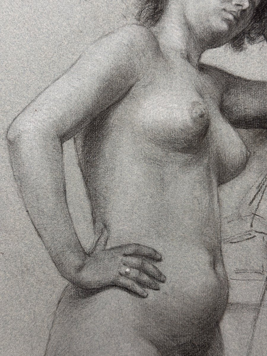 Old Drawing Academy Portrait Young Nude Woman Standing Elbows Workshop 19th