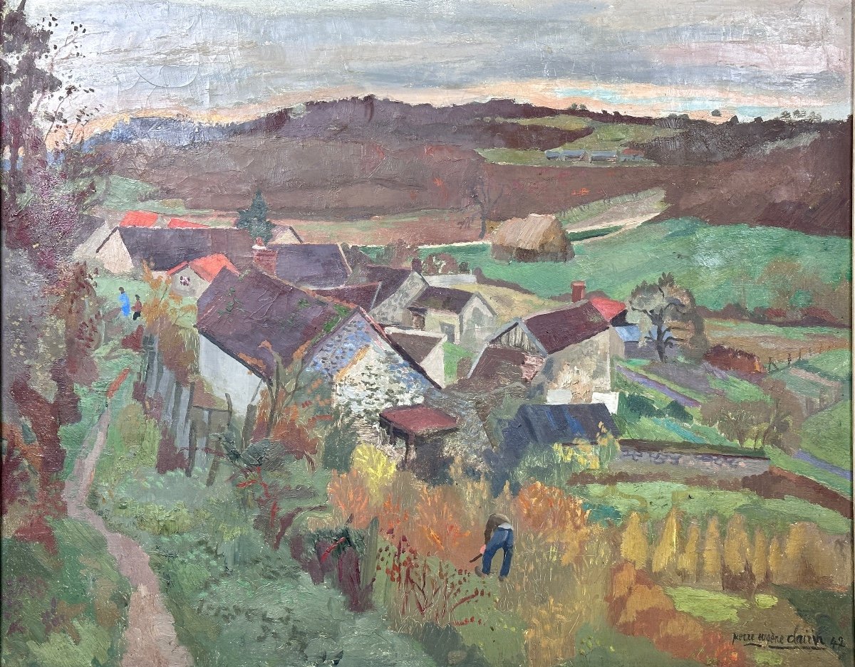 Pierre-eugène Clairin Tableau Ancien Paysage Animé Bretagne Normandie Paysans 1942 Hst-photo-1