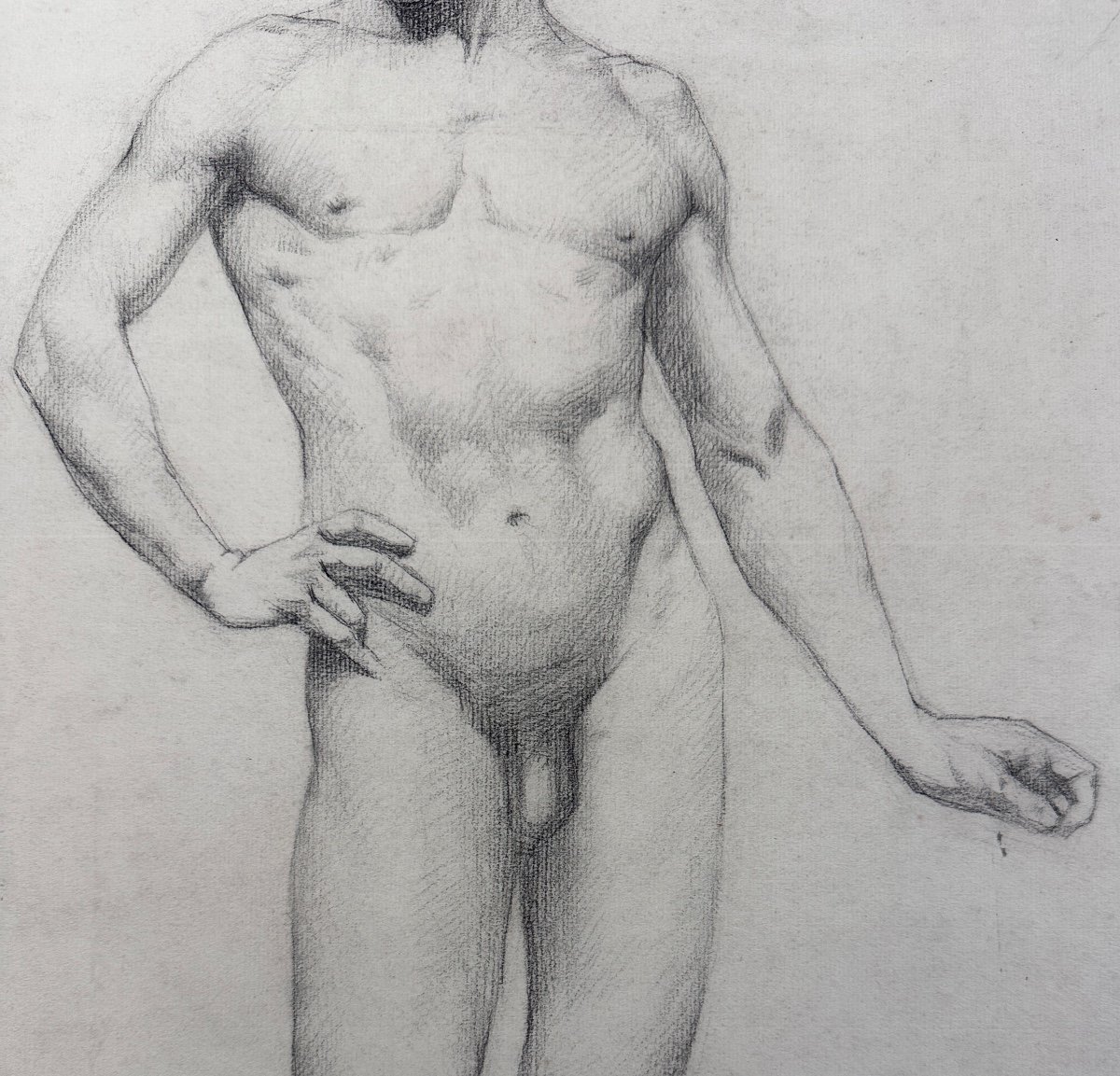 Ancien Dessin Académie Portrait Jeune Homme Brun Nu Debout Déhanché Atelier Contrapposto un-photo-2