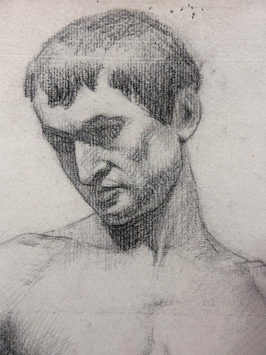 Old Drawing Academy Portrait Young Man Brown Nude Standing Swaying Hips Workshop-photo-3