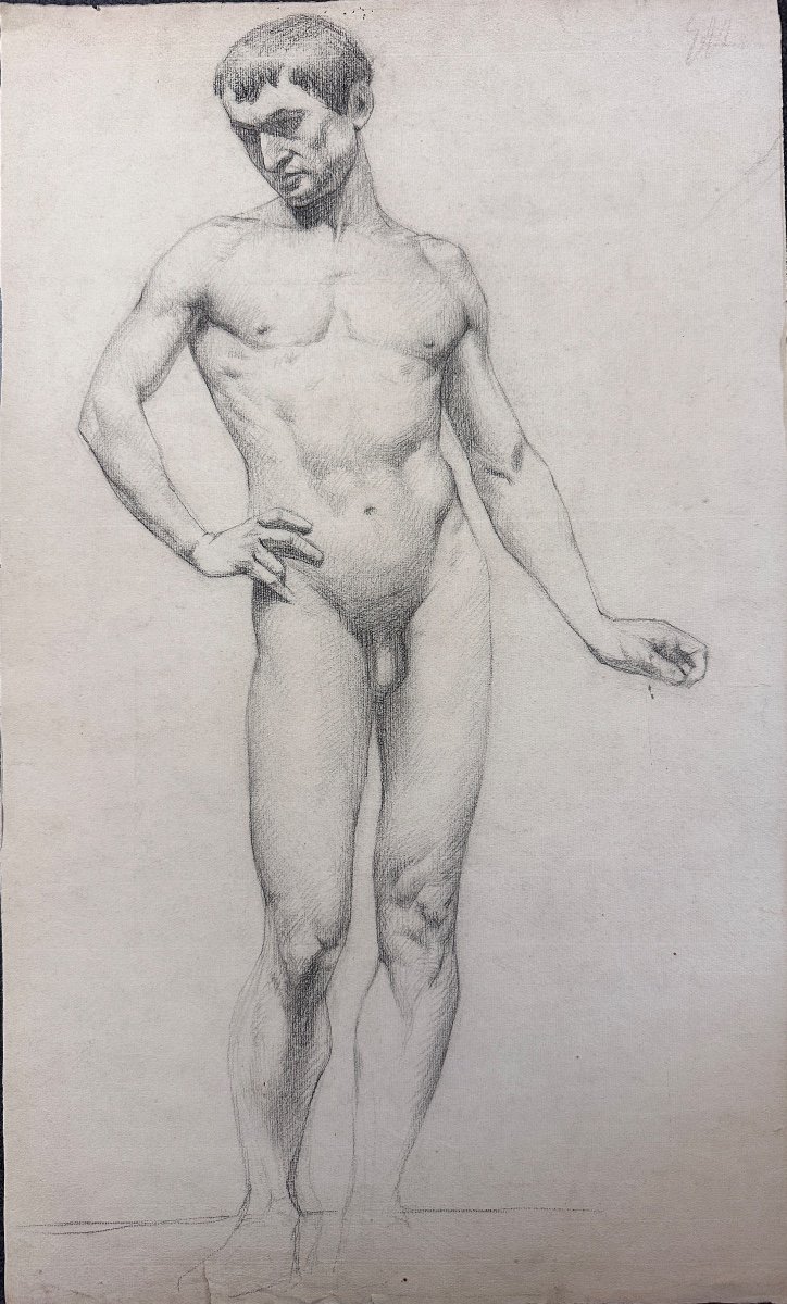 Old Drawing Academy Portrait Young Man Brown Nude Standing Swaying Hips Workshop-photo-4