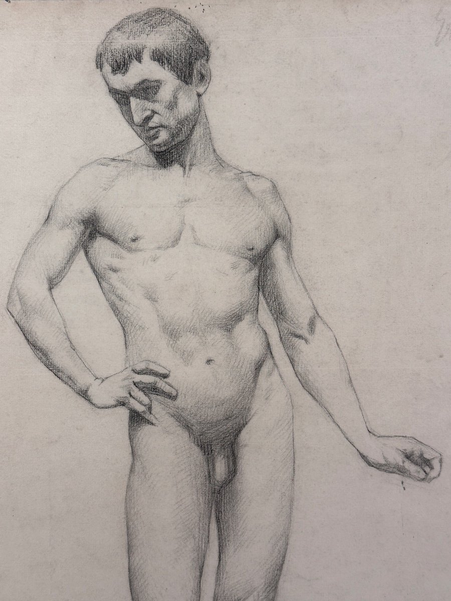 Ancien Dessin Académie Portrait Jeune Homme Brun Nu Debout Déhanché Atelier Contrapposto un-photo-1