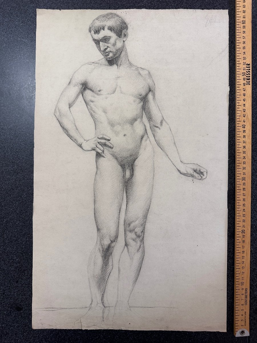 Ancien Dessin Académie Portrait Jeune Homme Brun Nu Debout Déhanché Atelier Contrapposto un-photo-2