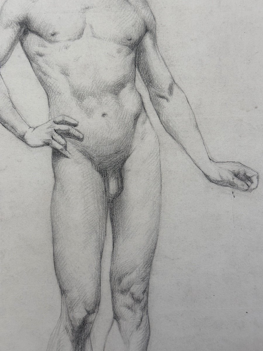 Ancien Dessin Académie Portrait Jeune Homme Brun Nu Debout Déhanché Atelier Contrapposto un