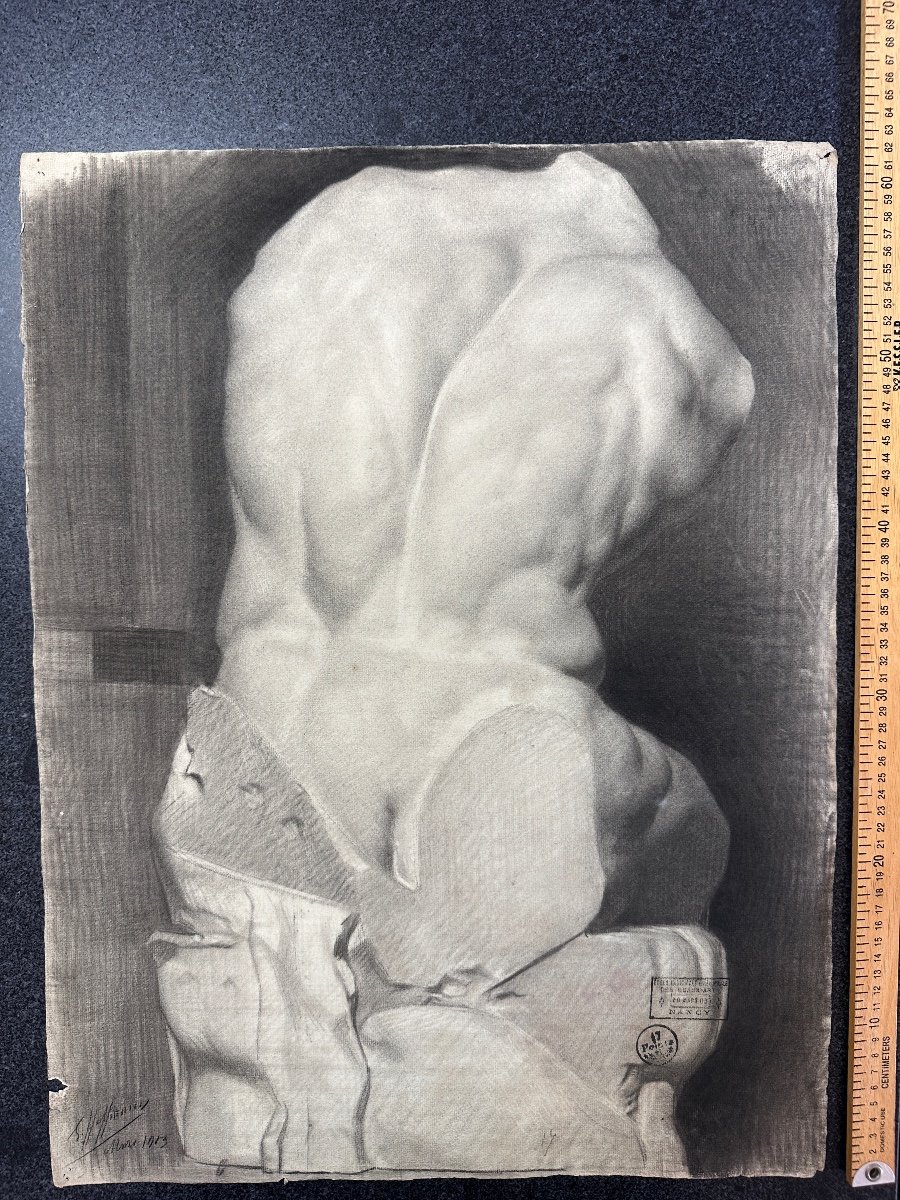 Hoffmann Ancien Dessin Académie Grèce Rome Antique Portrait Nu De Dos Torse Du Belvédère-photo-3