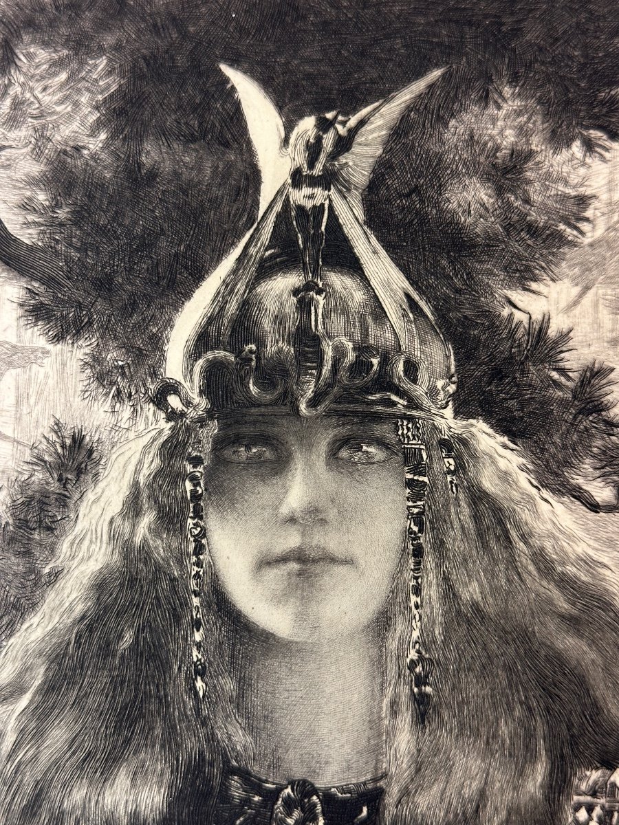 Gaston Bussiere Old Symbolist Engraving Portrait Walkirie Wagner Peladan Brunhilde Opera -photo-2