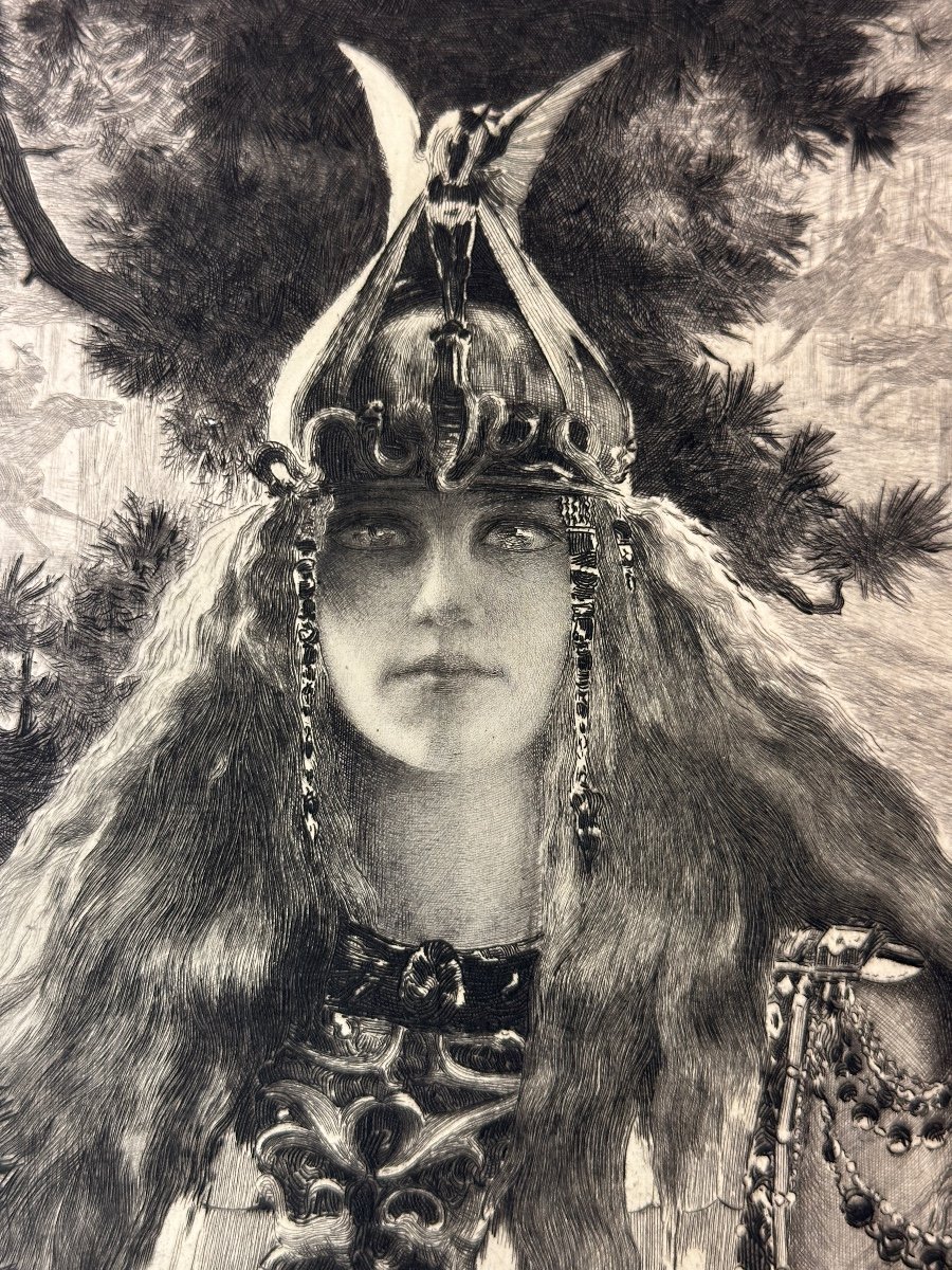 Gaston Bussiere Old Symbolist Engraving Portrait Walkirie Wagner Peladan Brunhilde Opera 