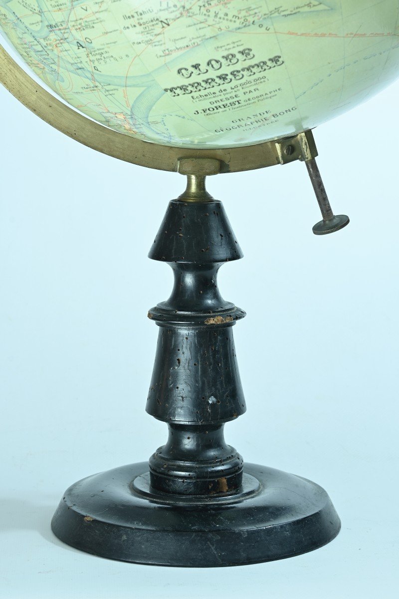 Ancien Grand Globe Terrestre Sur Pied Cartographie Voyage Signé J Forest 19e 58 cm -photo-2