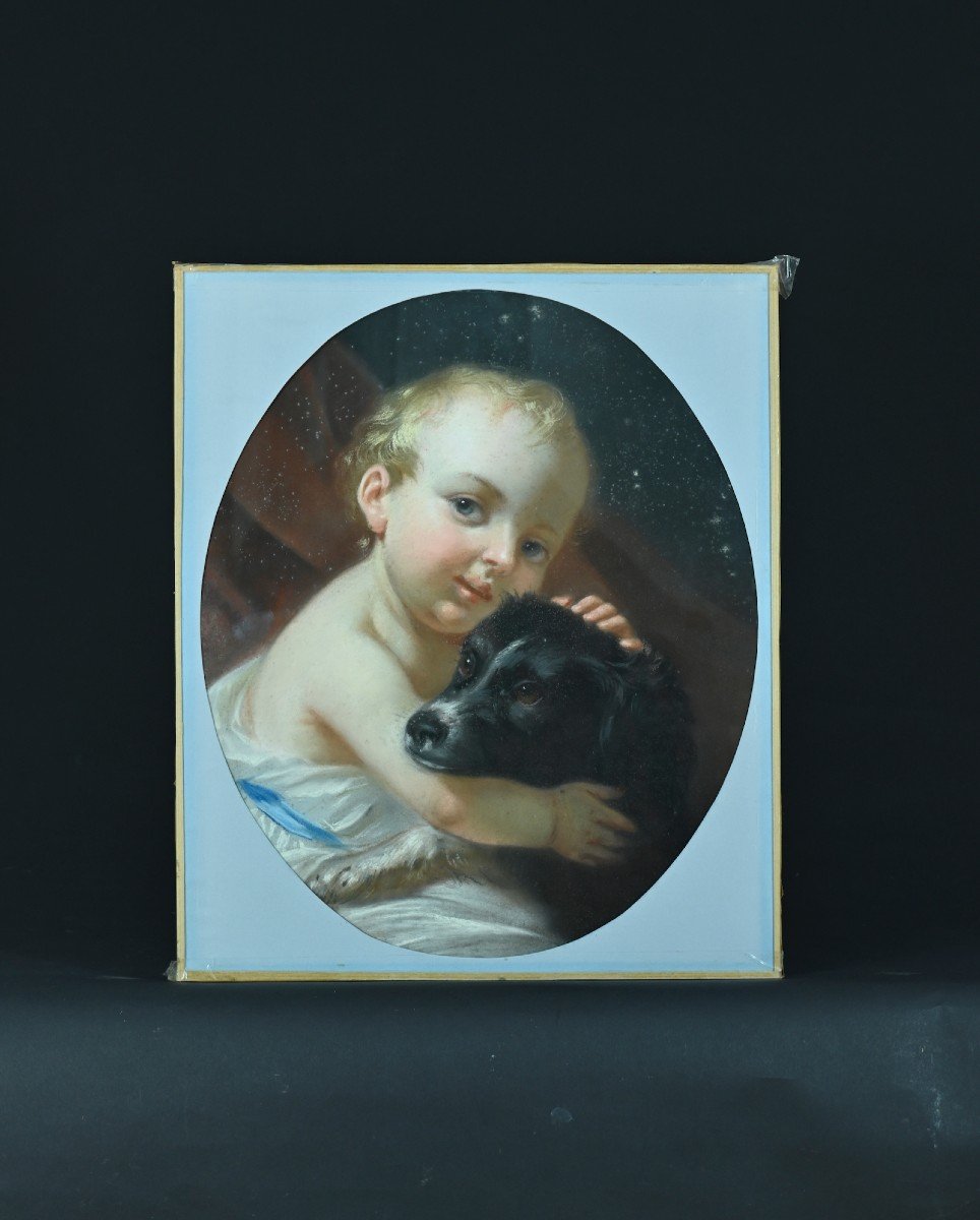 Tableau Ancien Pastel Amour Portrait Chien Compagnon Bébé Enfant Chérubin Pastel 18 ème-photo-2